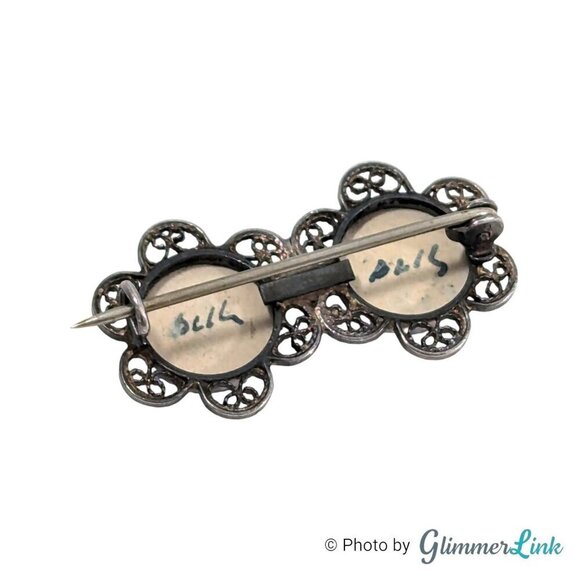 VTG Double Blue Windmill Delft Porcelain Filigree Flower Sterling Silver Brooch - Picture 5 of 7